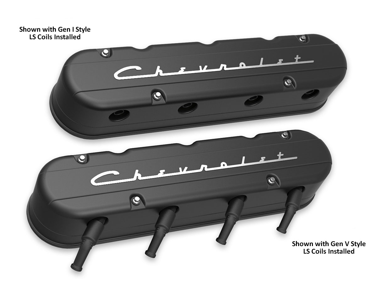 241-177 Holley Holley 2-Piece "Chevrolet" Script Valve Cover - Gen III/IV LS - Satin Black Machined