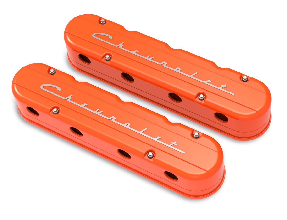 241-178 Holley Holley 2-Piece "Chevrolet" Script Valve Cover - Gen III/IV LS - Factory Orange Machined