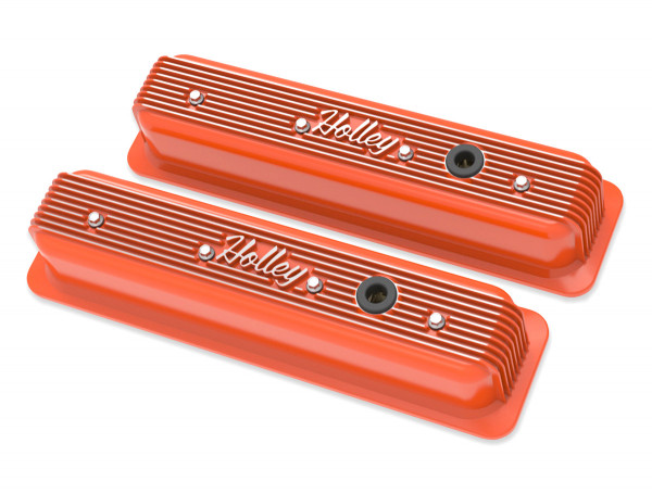 Holley Vintage Finned Valve Cover - "Holley" Script - SBC - Center Bolt - Factory Orange Machined