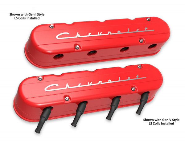 Holley 2-Piece "Chevrolet" Script Valve Cover - Gen III/IV LS - Gloss Red Machined